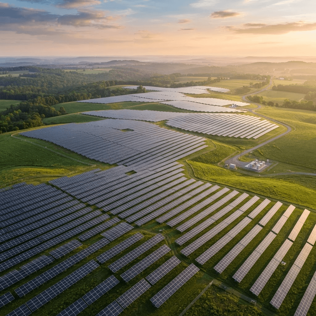 Aerial view of a large solar panel farm across green fields at sunrise