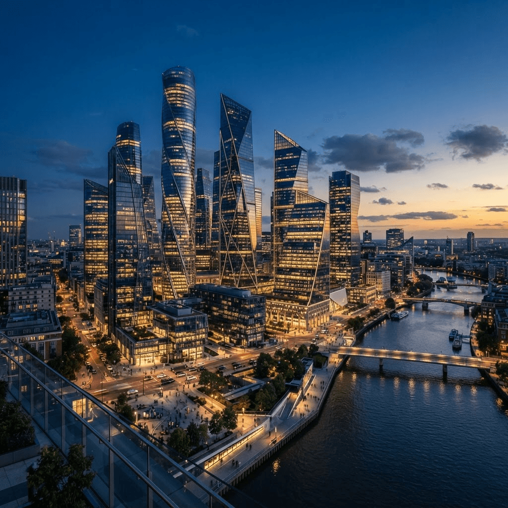 Modern financial district skyline at dusk with lit glass towers