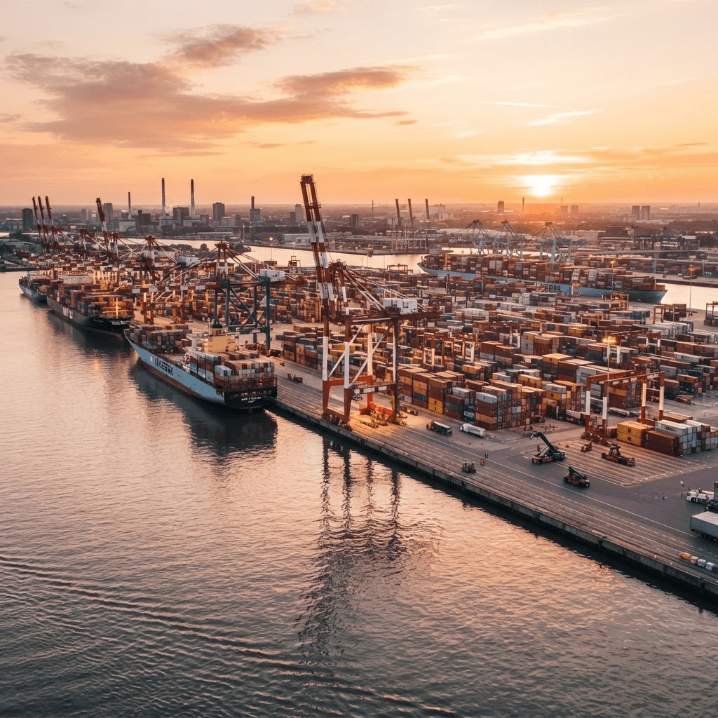 Modern shipping port with cranes and cargo containers at golden hour