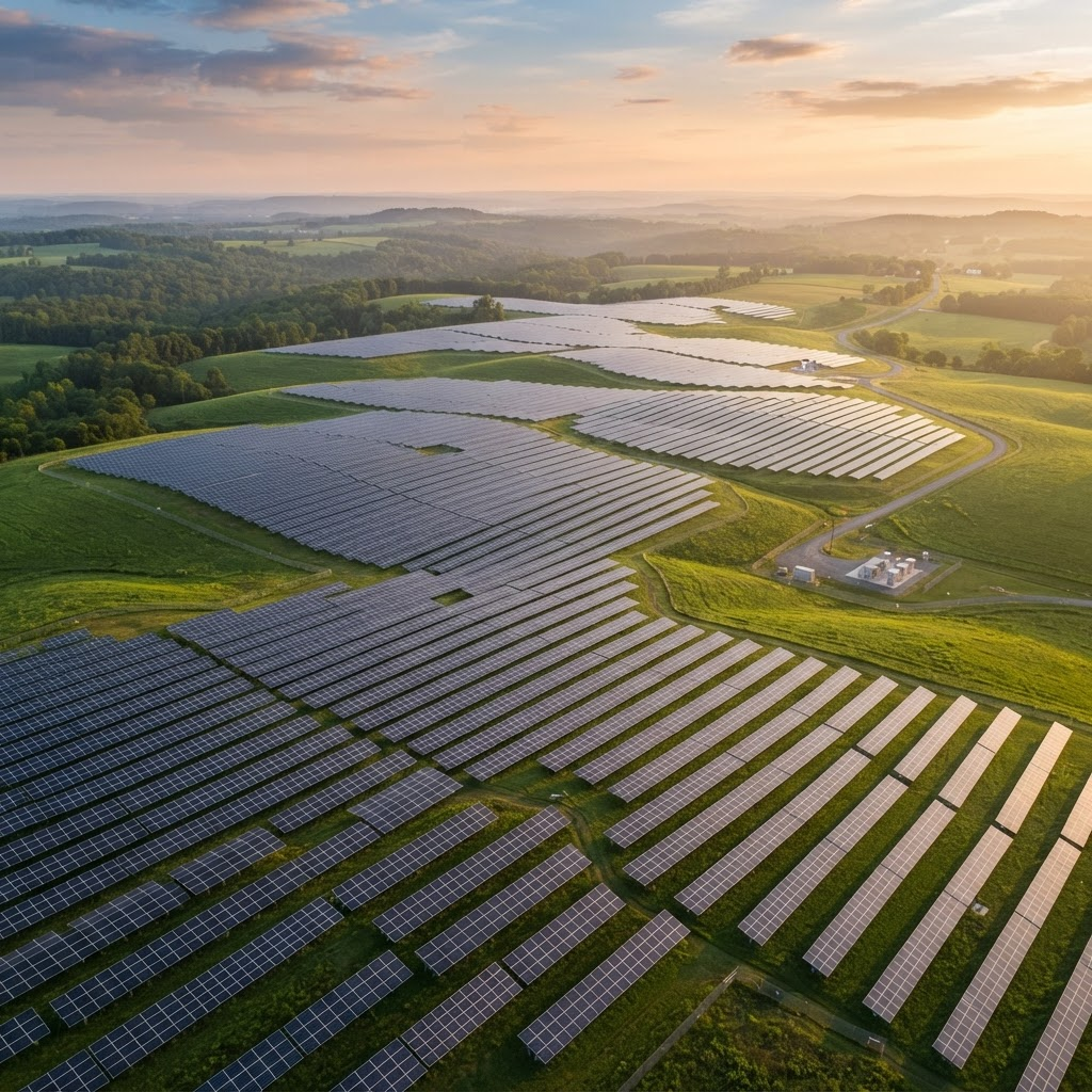 Aerial view of a large solar panel farm across green fields at sunrise