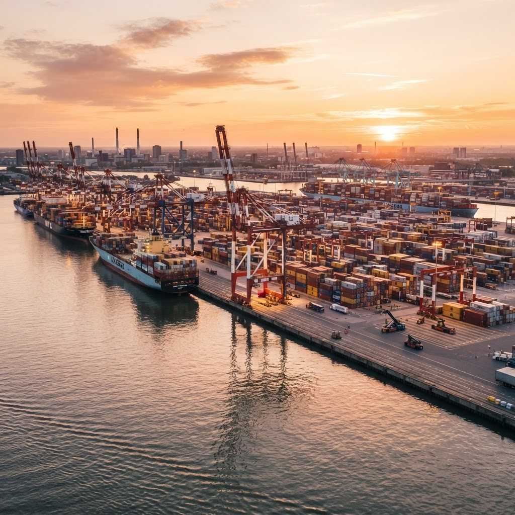 Modern shipping port with cranes and cargo containers at golden hour